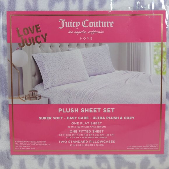Juicy Couture Queen Plush Sheet Set Ultra Soft Cozy Leopard Print Lavender - Picture 5 of 8